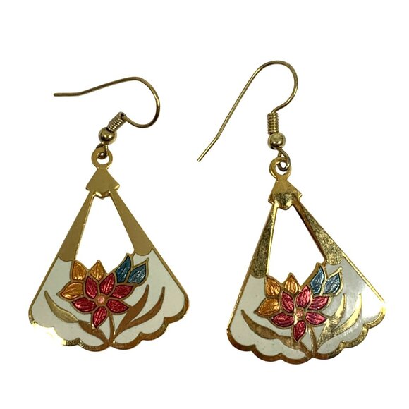 Gold-Tone Fan-Shaped Enamel Flower Dangle Earrings With Multicolor Floral Design - Picture 1 of 5
